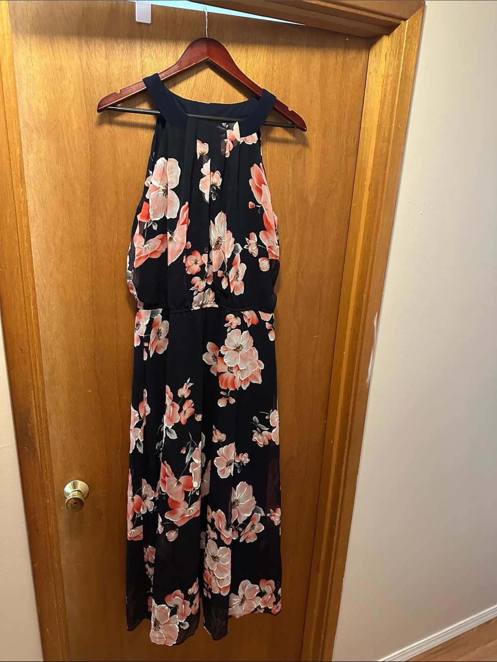 Robbie Bee Black Maxi Dress with Coral Floral Print